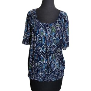 Apt 9 blue paisley peasant blouse scoop neck short sleeve sheer top size  medium